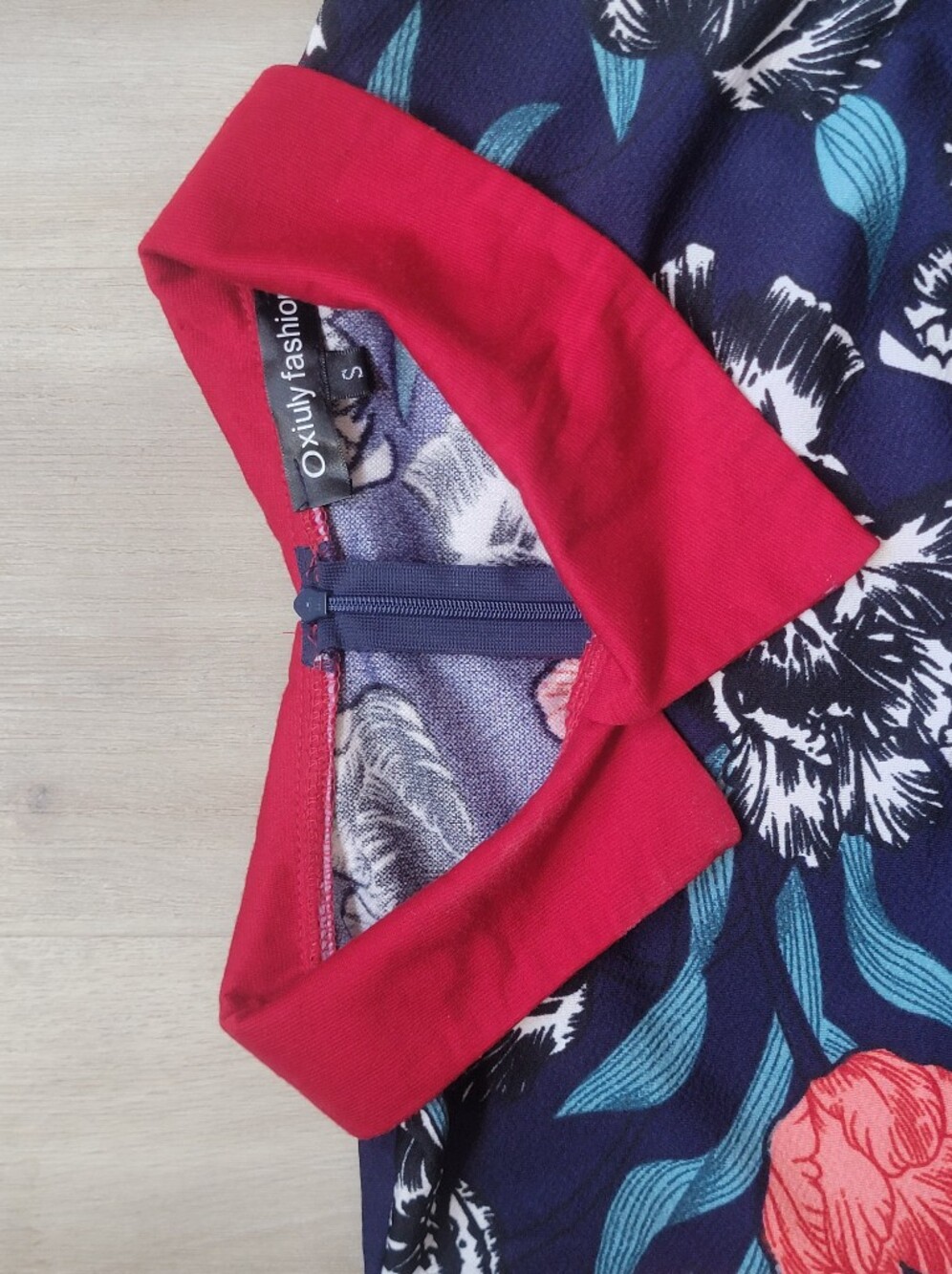 Oxiuly Fashion Floral Midi Bodycon Dress with Red Peter Pan Collar - Size S - Picture 6 of 11